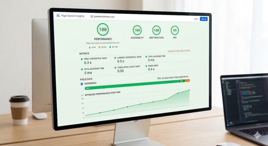 Captura real de PageSpeed Insights mostrando puntuaciones &oacute;ptimas